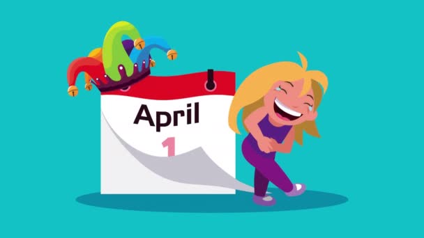 April fools day calendar with jester hat and girl giggling — Stock Video