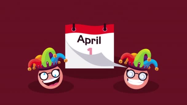 Duben blázni den kalendář a emojis pomocí šaškovských klobouků — Stock video