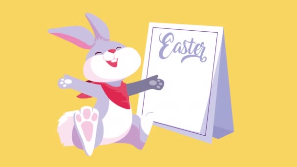 Szczęśliwy pismo wielkanocne z cute królik i sztandar — Wideo stockowe