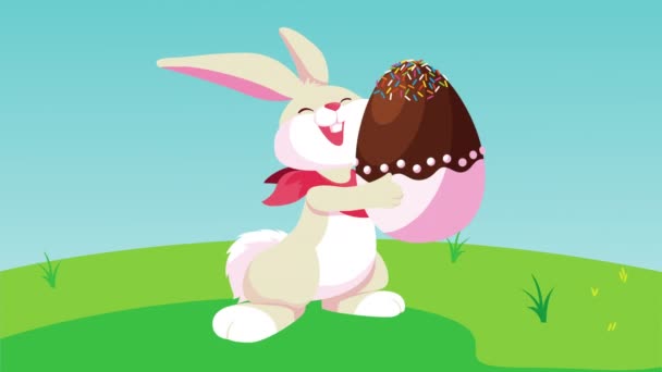 Šťastné velikonoční přání s roztomilou králičí zvedání vejce v táboře — Stock video
