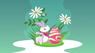 Mutlu Paskalya kartları Bahçede sevimli tavşan ve yumurta boyanmış