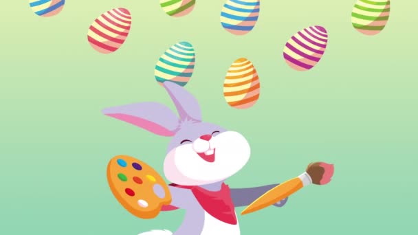Ευτυχισμένο Πάσχα κάρτα με χαριτωμένο κουνέλι ζωγραφική αυγά μοτίβο — Αρχείο Βίντεο
