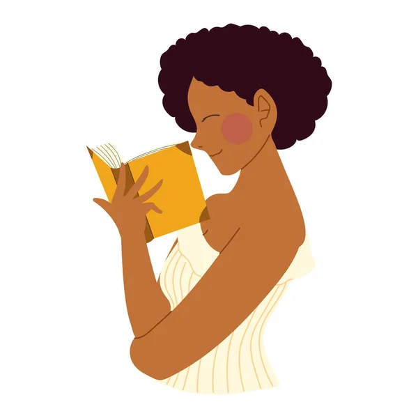 Afro american woman reading book in hands — Stock Vector