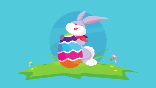 Happy easter card with cute rabbit ang egg in camp — Stock Video