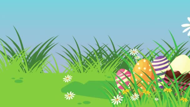 Ευτυχισμένο Πάσχα κάρτα με χαριτωμένο κουνέλι και αυγά ζωγραφισμένα στο στρατόπεδο — Αρχείο Βίντεο