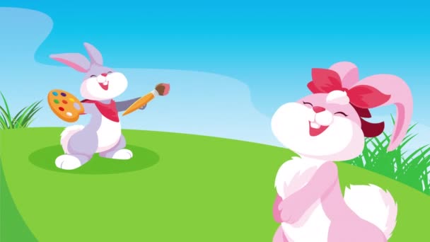 Glad påsk kort med kaniner par i lägret — Stockvideo