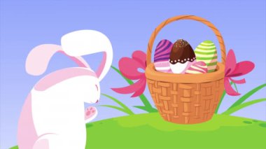 Sepete ve tavşana boyanmış yumurtalarla mutlu paskalya kartları.