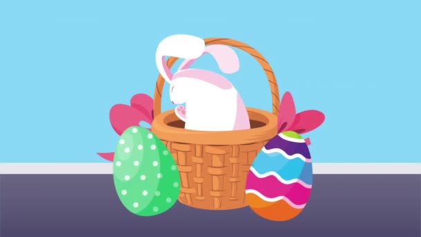 Szczęśliwy Wielkanoc karty z cute królik w koszyku i jaj malowane — Wideo stockowe