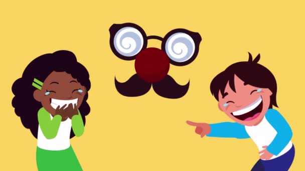 Pouco interracial crianças casal risos personagens — Vídeo de Stock