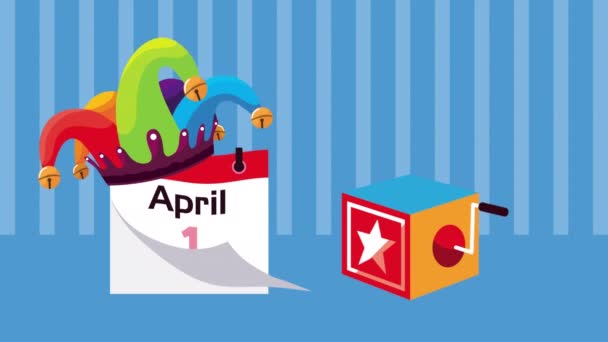 April fools day jester hat in calendar and surprise box — Stock Video