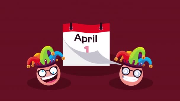 Abril tontos calendario del día y emojis usando sombreros de bufón — Vídeos de Stock