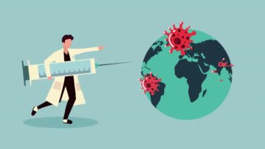 Aşı şırıngası ve Dünya gezegeni olan erkek doktor.