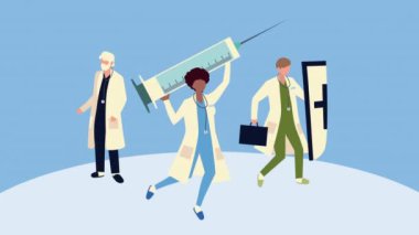 Aşı şırıngası ve kalkanı olan doktorlar.