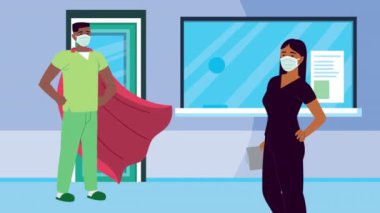 Farklı ırklar arası doktorlar hastane karakterli çiftler.