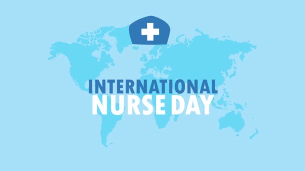 Internationale verpleegkundige dag belettering met hoed op aarde planeet — Stockvideo
