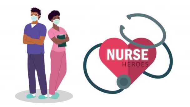 Internationale verpleegkundige dag belettering met verpleegkundigen paar en stethoscoop — Stockvideo