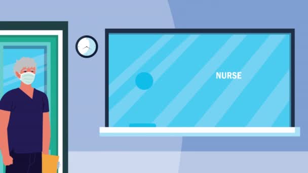 Internationale verpleegkundige dag belettering met verpleegkundige in het ziekenhuis — Stockvideo