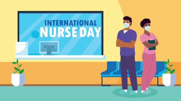 Internationale verpleegkundige dag belettering met verpleegkundigen paar in het ziekenhuis — Stockvideo