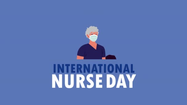 Internationale verpleegkundige dag belettering met interraciale verpleegkundigen personeel — Stockvideo