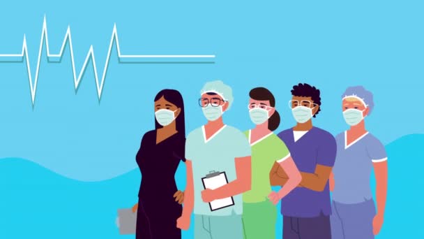 Médicos equipe médica com caracteres de pulso cardio — Vídeo de Stock