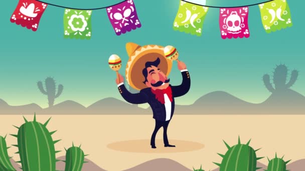 Mexican mariachi playing maracas in desert character — Stock Video