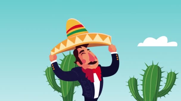 Meksikalı Mariachi çöl karakteriyle şarkı söylüyor. — Stok video