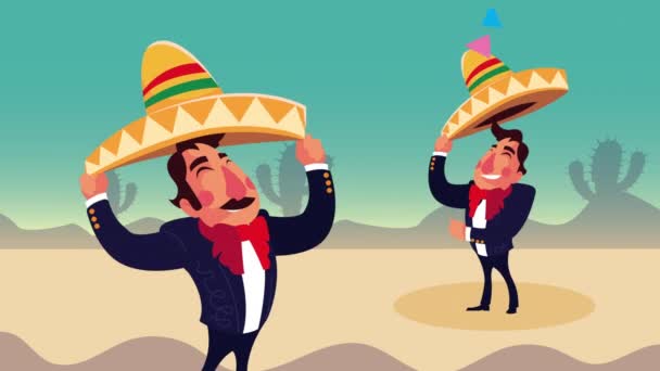 Mariachis mexicano no deserto personagens cena — Vídeo de Stock