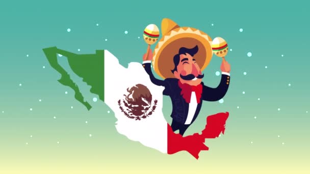 Mariachi mexicano jugando maracas con bandera de México en el mapa — Vídeo de stock