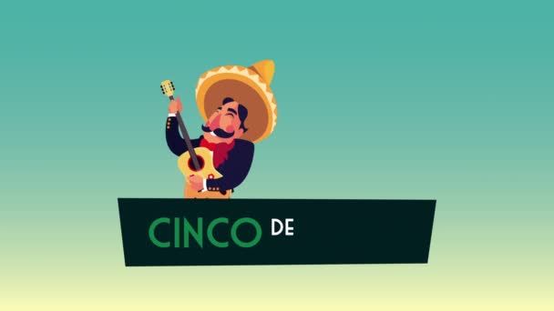 Cinco de mayo lettering celebração com mariachis tocando instrumentos — Vídeo de Stock