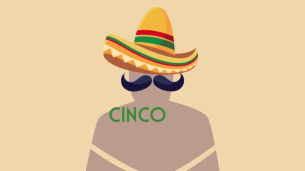 Cinco de mayo belettering viering met mariachi hoed en snor — Stockvideo