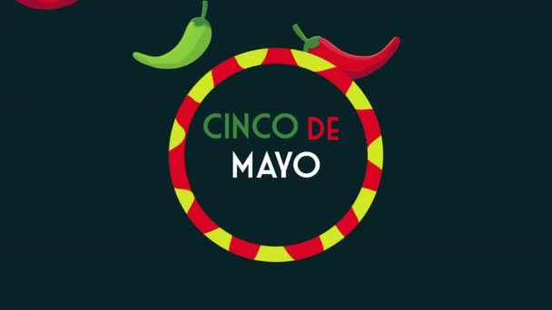 Cinco de mayo lettering celebration with chilis peppers — Stockvideo