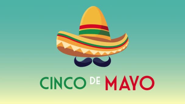 5 de mayo lettering celebração com chapéu mariachi e bigode — Vídeo de Stock