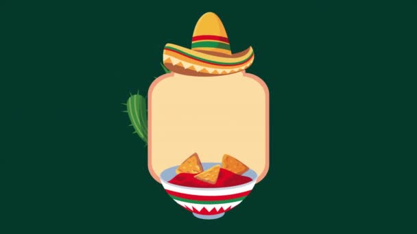 Cinco de mayo celebration with nachos in tomato sauce and mariachi hat — Stock videók