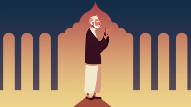 Ramadan kareem animation med muslim man be i templet — Stockvideo