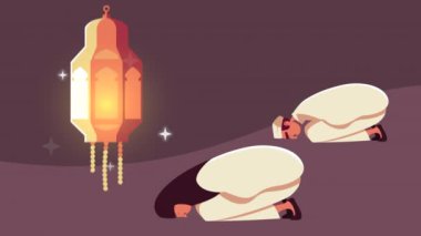 Ramazan Kareem animasyonu. Müslüman çift dua ediyor ve altın fener yakıyor.