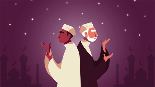 Ramadan kareem animation with muslim men praying at night scene — Stockvideo