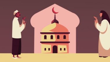 Ramazan Kareem animasyonu. Müslüman çift dua ediyor ve tapınak kubbesi yapıyor.