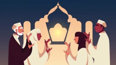 Ramazan Kareem animasyonu. Müslüman insanların dua etmesi ve tapınak silueti.