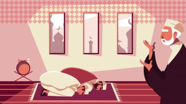 Ramadan kareem animation with muslim men praying inside temple — Stockvideo