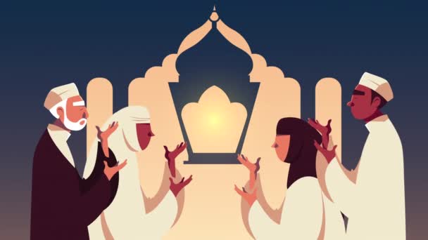 Ramadán kareem animace s muslimskými lidmi modlí a chrám silueta — Stock video