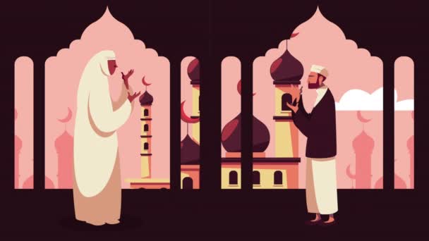 Ramadan kareem animation with muslim couple praying in mosque scene — Stockvideo