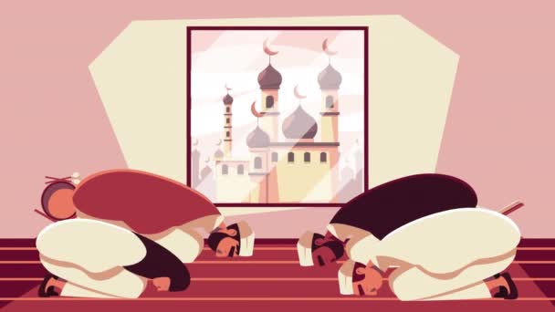 Ramadán kareem animace s muslimskými lidmi modlí a taj mahal fotografie — Stock video