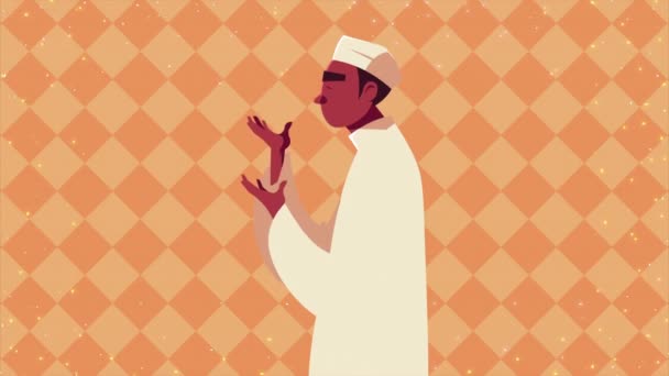 Ramadan kareem animation med man muslim be karaktär — Stockvideo