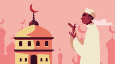 Ramazan Kareem animasyonu. Müslüman adam tapınakta dua ediyor.