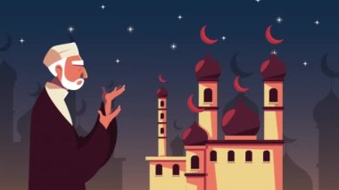 Ramazan Kareem animasyonu, camide dua eden Müslüman bir adamla.