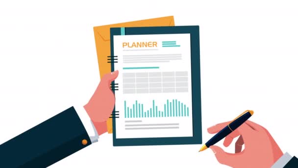 Financial planning economy animation with hands griting in documents — Stock Video