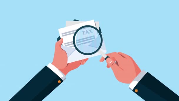 Tax day animation with document in envelope and hand lifting magnifying glass — Stock Video