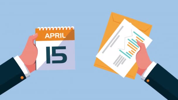 Tax day animation with hands lifting calendar and documents scene — Stock Video