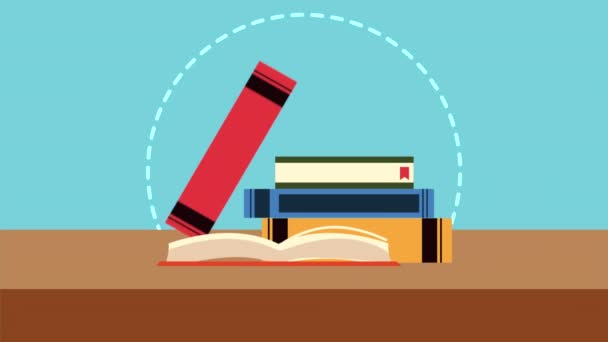 Livros e lápis de cera material escolar animação — Vídeo de Stock