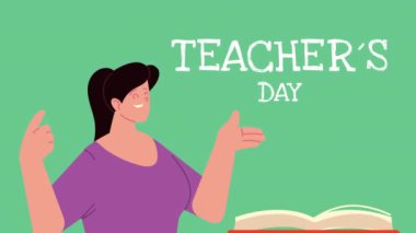 Bayan öğretmen ve kitaplarla dolu mutlu öğretmenler günü mektupları.